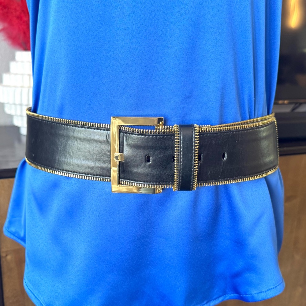 Black Wide Zipper Belt with Gold Accents